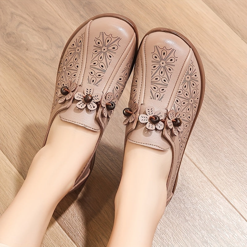 Ayollar uchun oson kiyiladigan gullü casual poyabzal, nafas oladigan sintetik, jigarrang flats