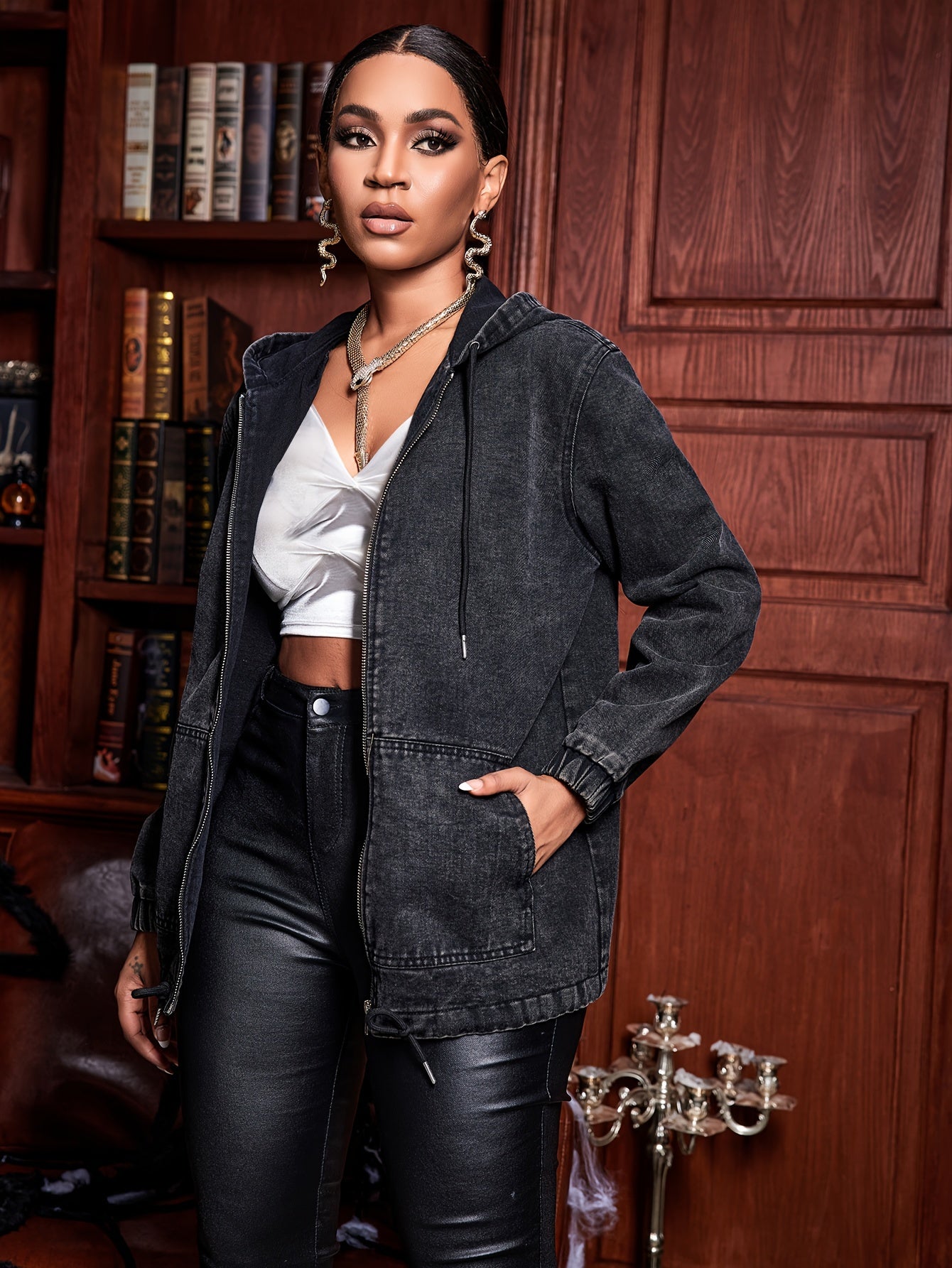 Women's Black Denim Hooded Jacket Zip-Up Drop Shoulder Long Sleeve Pullover