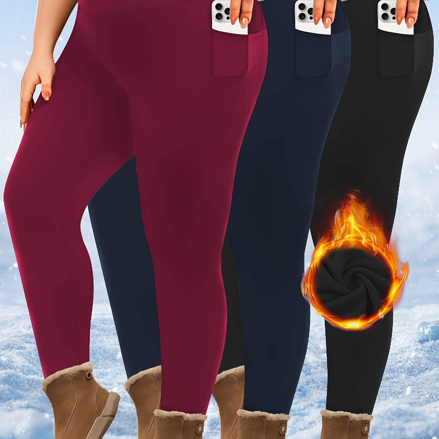 Plus Size High-Waist Fleece-Lined Leggings with Pockets for AutumnWinter Black Gray Burgundy