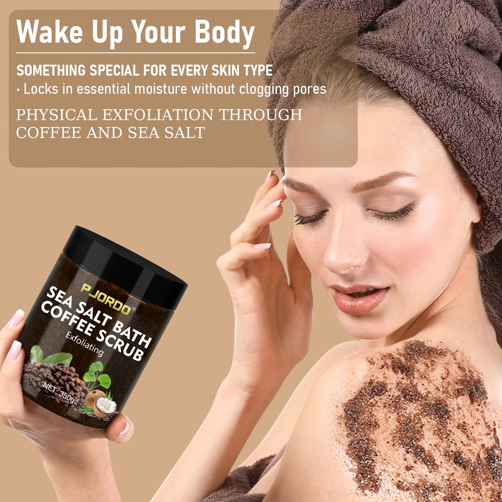 PJORDO Dengiz Tuzli Qahva Skrabi - bu kokos bilan to'yintirilgan, alkogolsiz, barcha teri turlari uchun mos bo'lgan eksfoliatsiyalovchi tanaviy skrabdir. U boy qahva hidini va silliq terini ta'minlaydi.