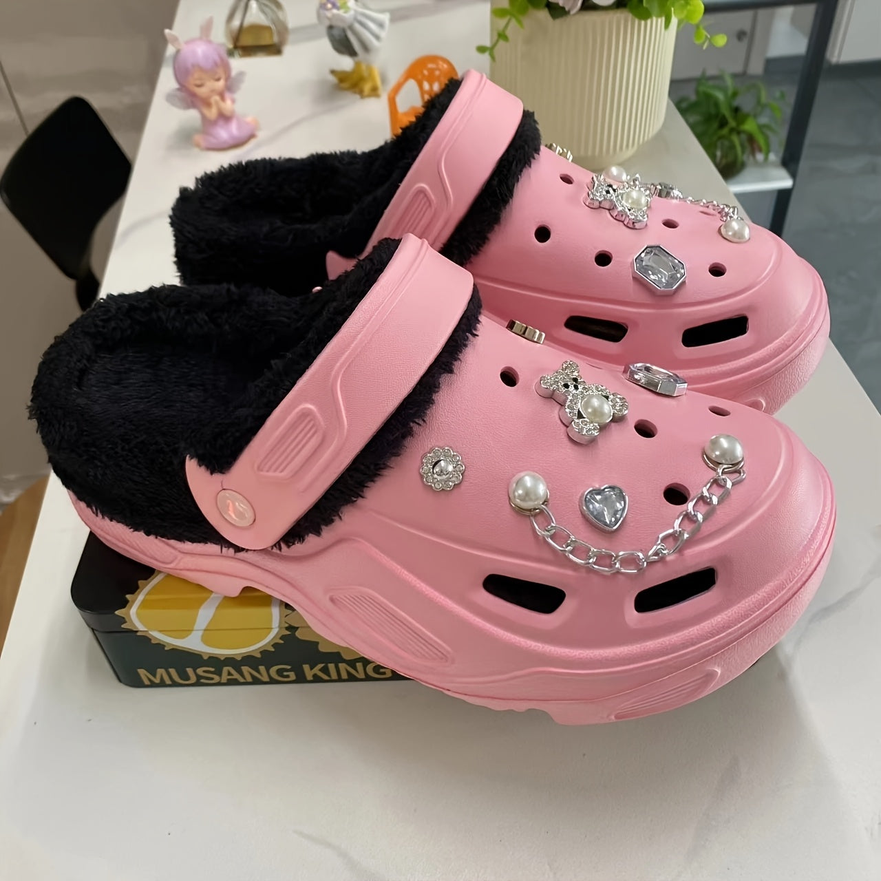 Women's Warm Plush Lined Shoes with Butterfly Heels and Bear Accessories