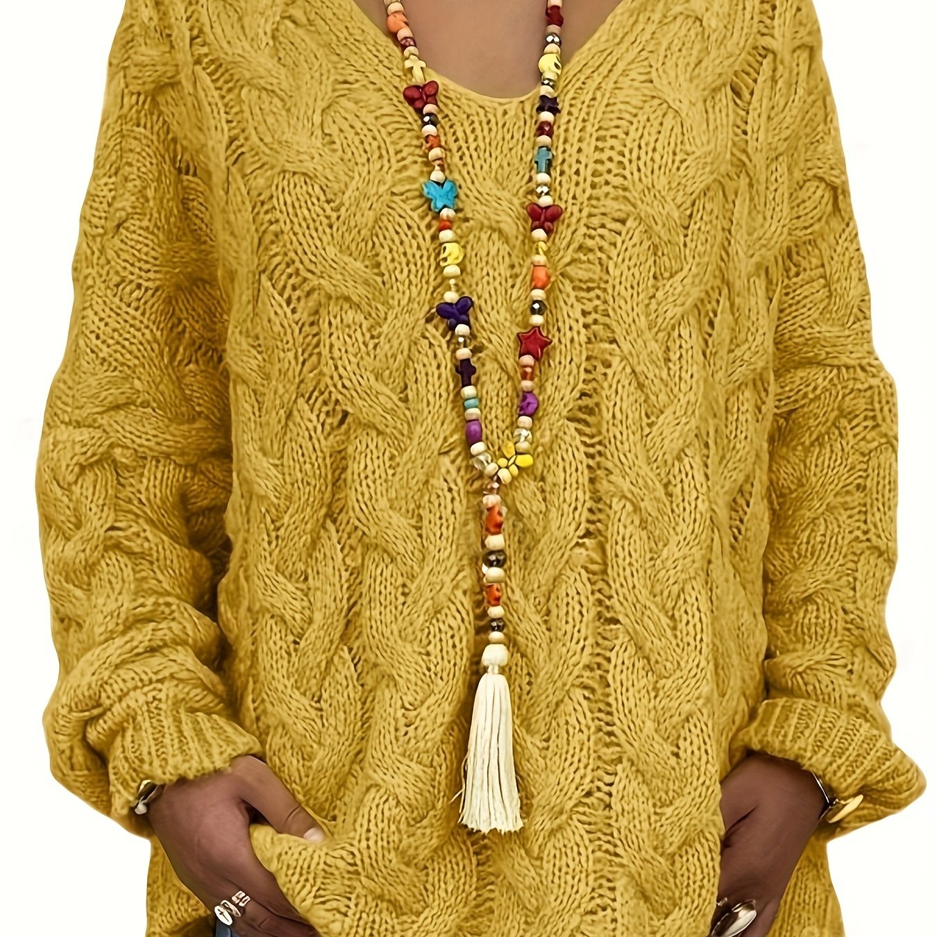 Женский вязаный свитер с капюшоном больших размеров, с длинными рукавами, V-образным вырезом, пуловер