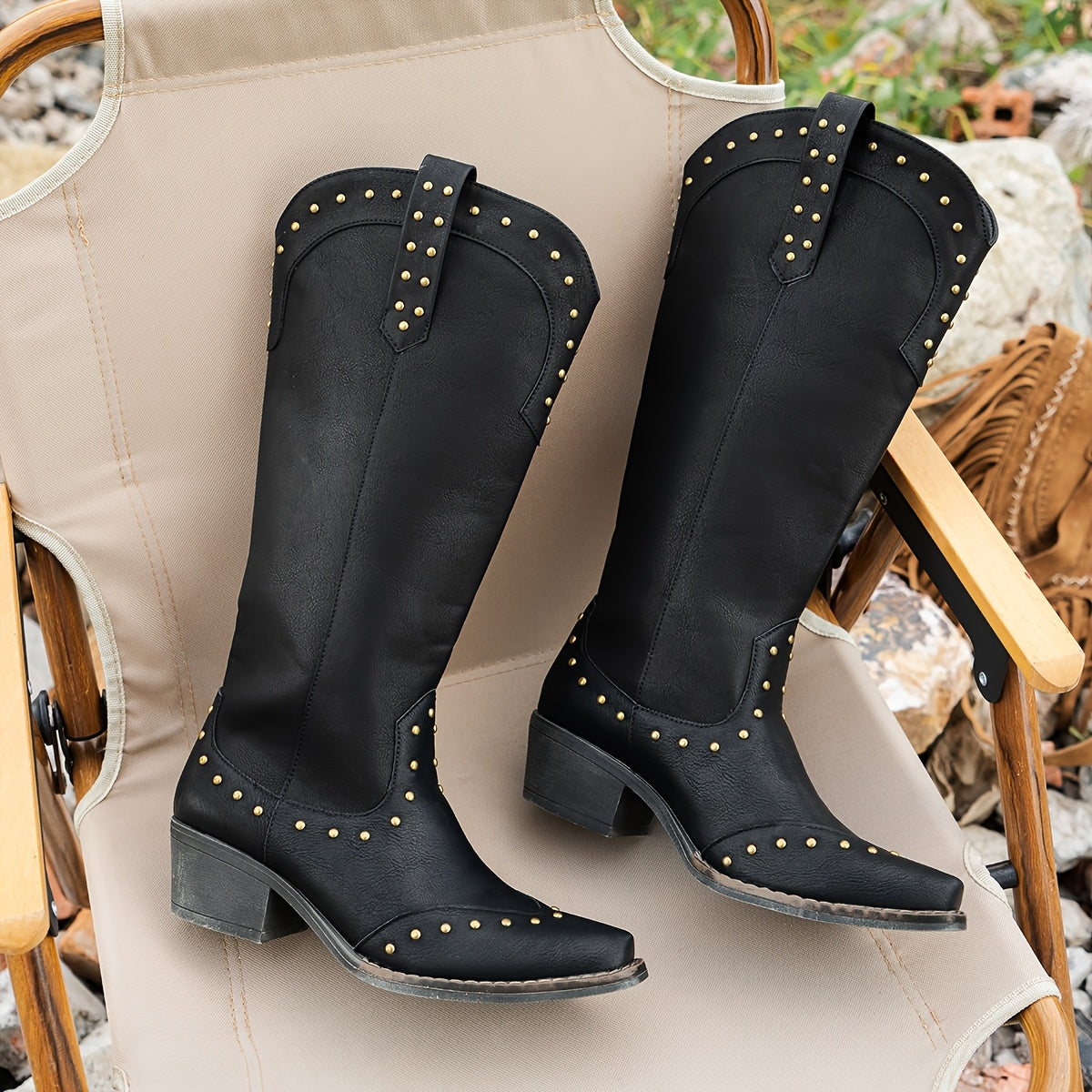 Women's Western Cowboy Boots Faux Cover Golden Studs Slip-On Mid-Heel