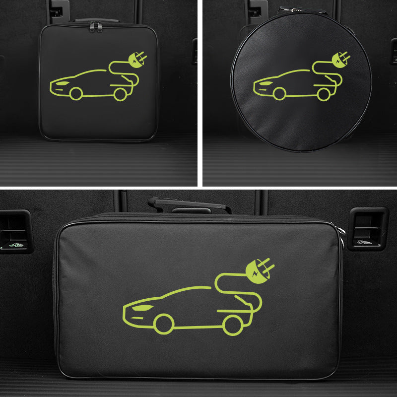 Waterproof Polyester EV Charger Storage Bag Portable Organizer with Green Car Outline