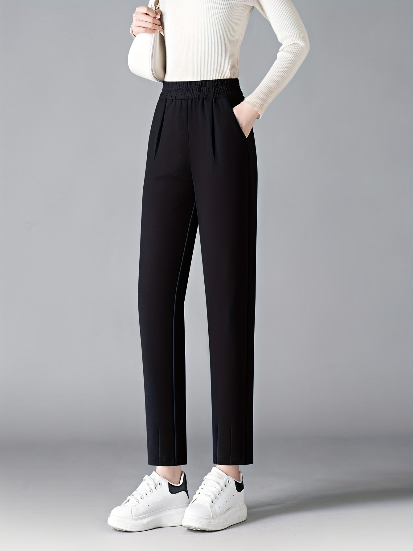 Women's Slimming High-Waist Harem Pants Black Elastic Waist All-Season