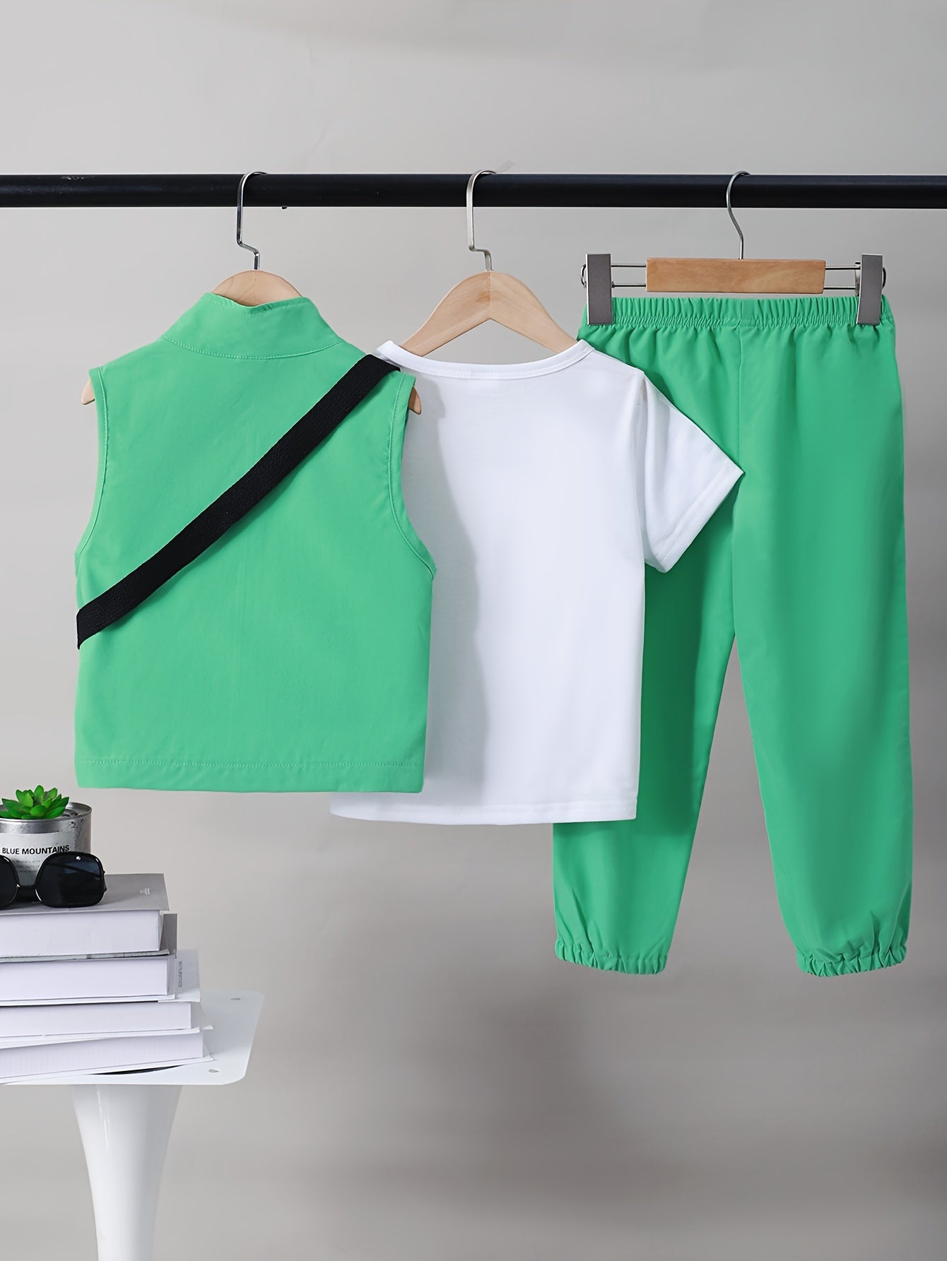 Boys Spring Outfit 4-Piece Set Short Sleeve T-Shirt Sleeveless Vest Cargo Pants Crossbody Bag Kids Casual