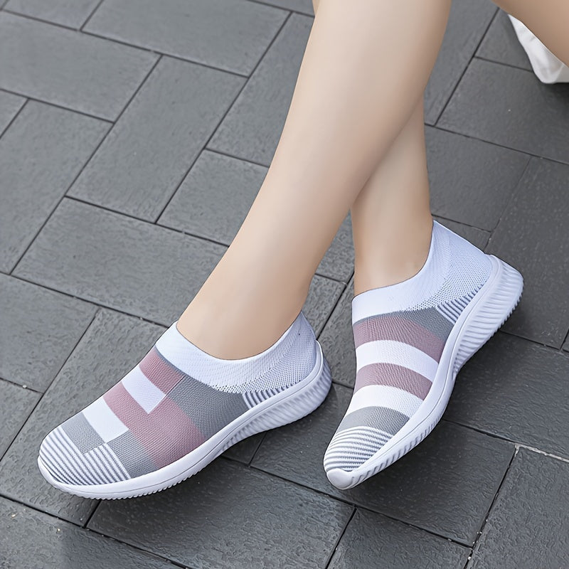 Plus Size Women's Mesh Slip-On Sneakers Pink Gray White Plaid All-Season Casual