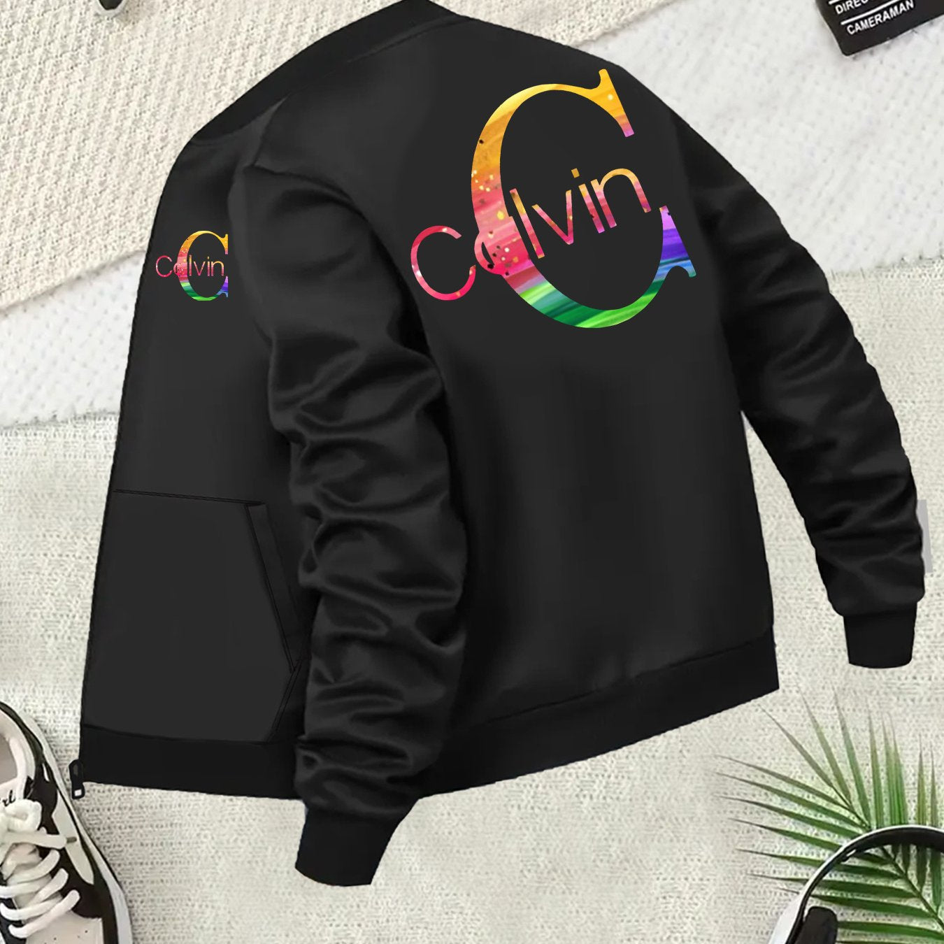 Women's Black Plus Size Zip-Up Jacket with Letter Graphic and Baseball Collar