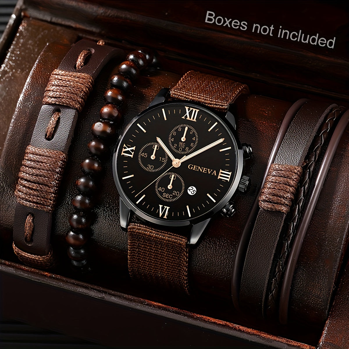 Men's Watch Set Black Nylon Strap Casual Industrial Style Round Dial Quartz Watch with 3 Bracelets