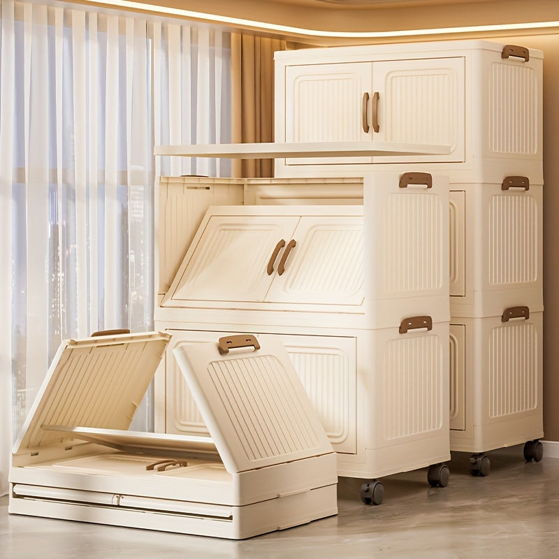Foldable Plastic Storage Cabinet with Doors and Wheels 3-5 Layers Waterproof Organizer for Bedroom Living Room Kitchen