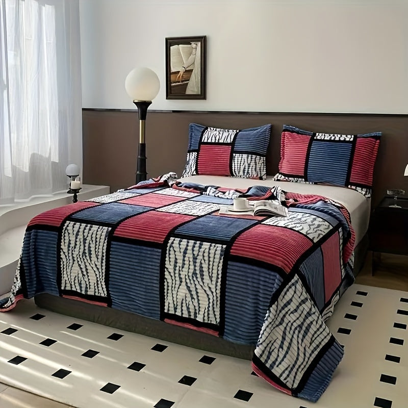 Plaid Flannel Fleece Bed Blanket Polyester Throw for All Seasons Cozy and Easy-Care