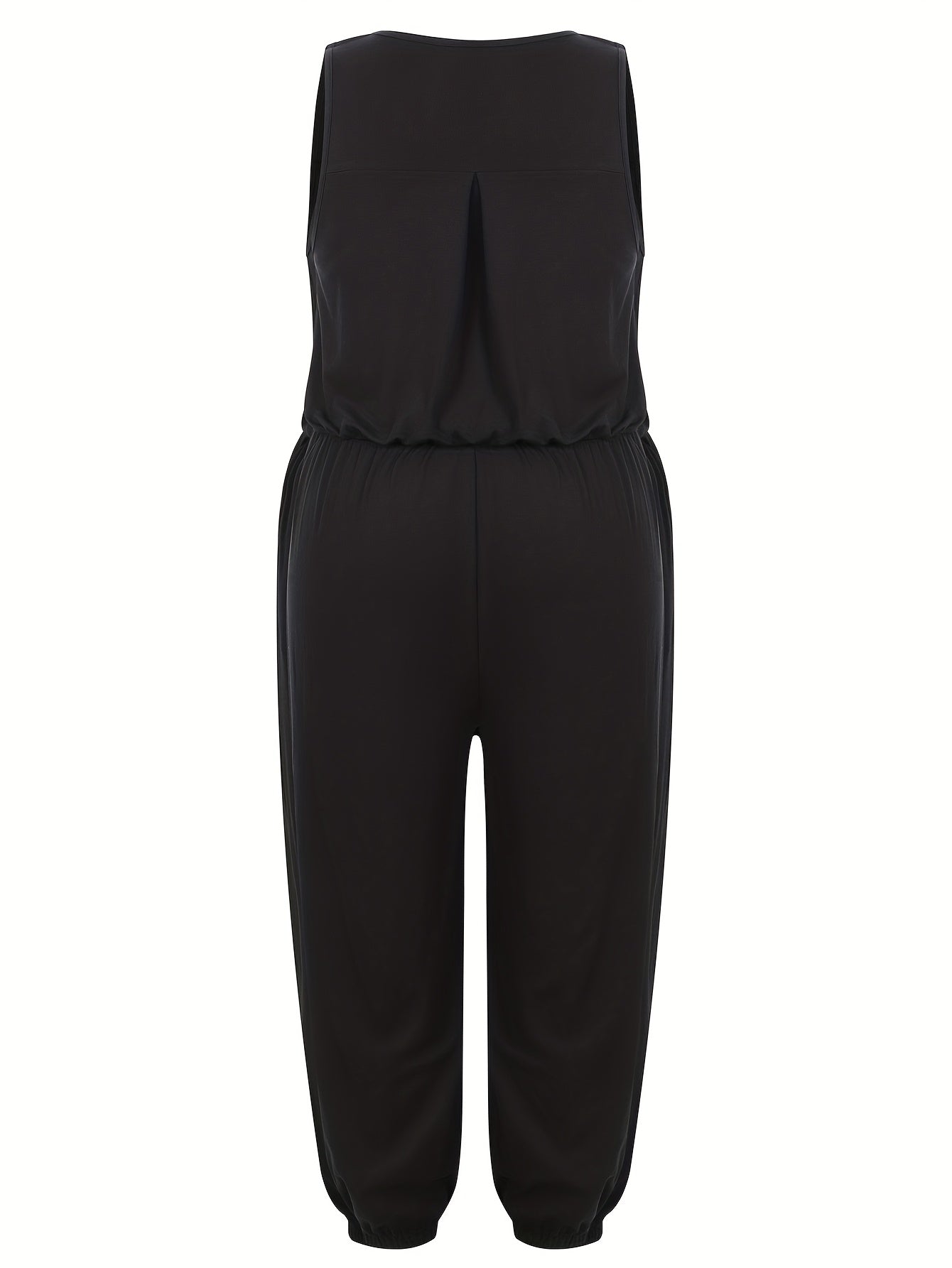 Plus Size Women's Black Casual Jumpsuit - Elastic Waist, Sleeveless, Wide-Leg