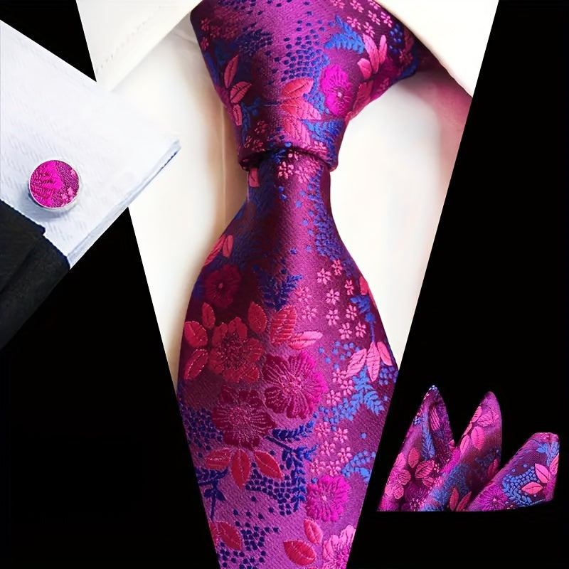 Men's 3-Piece Tie Set Floral Design Polyester Necktie Pocket Square Cufflinks for Weddings Business