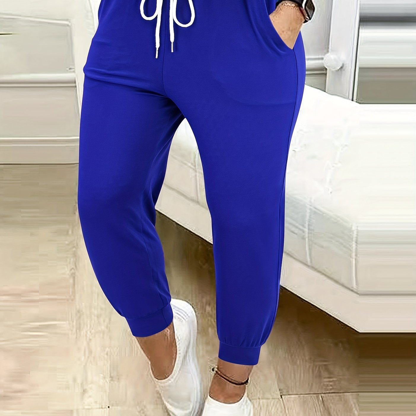 Plus Size Casual Solid Color Drawstring Waist Pants with Pockets for Women