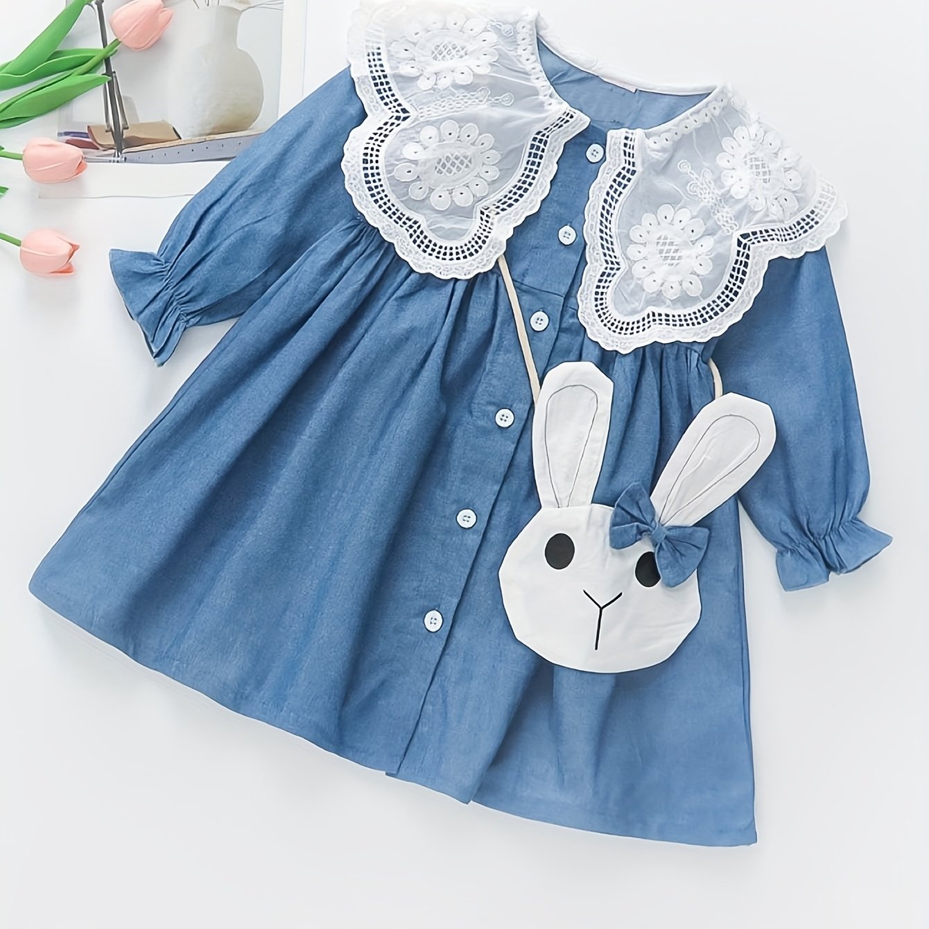 Girls' Cotton Dress with Bunny Accessory Long Sleeve Princess Style for Spring Fall