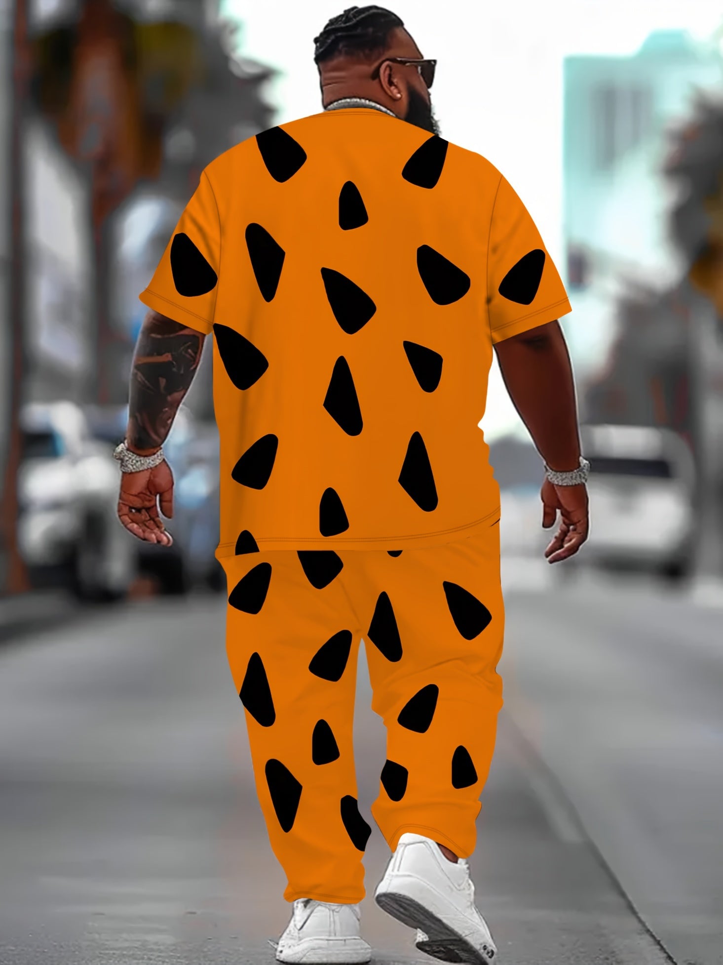 Large Size Men's Color Block Fred Flintstone Pattern T-Shirt and Pants Set for Party Wear
