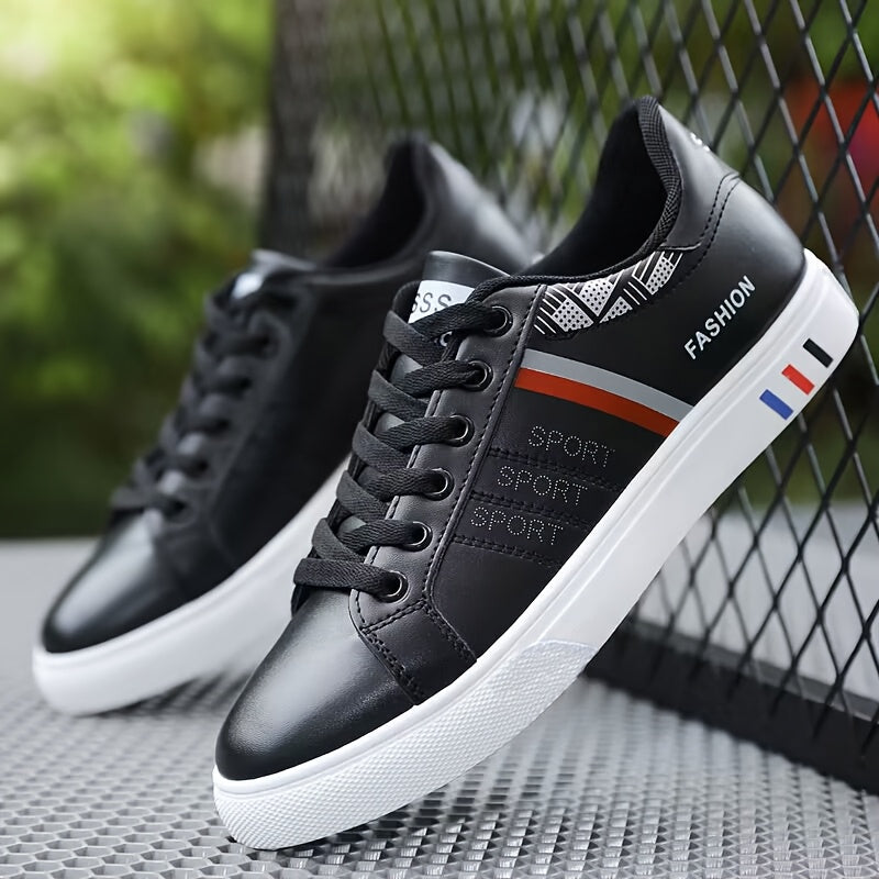 Men's White Skate Sneakers with PU Upper Rubber Sole Lace-Up Striped Casual