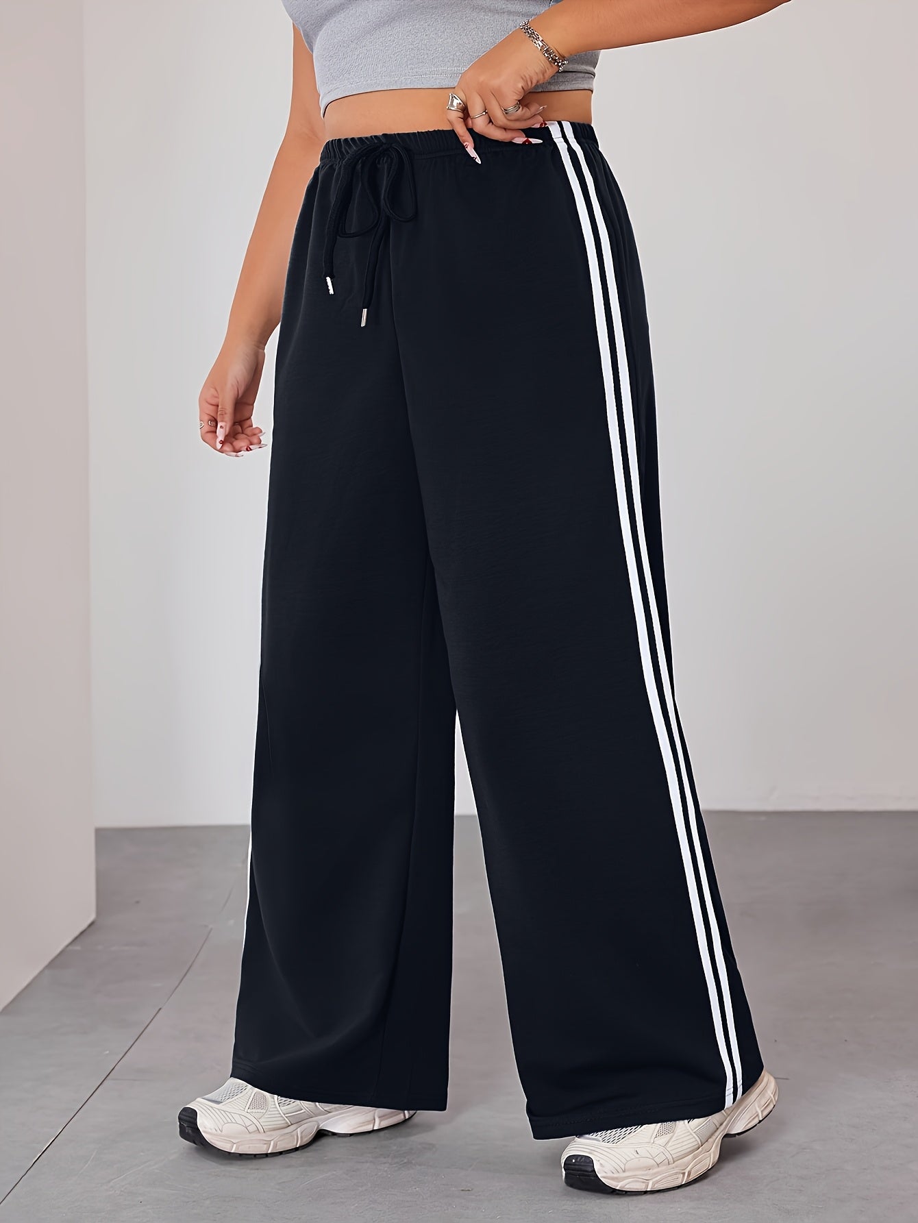 Plus Size Wide Leg Pants with Side Stripes Casual Joggers Stretchy All-Season