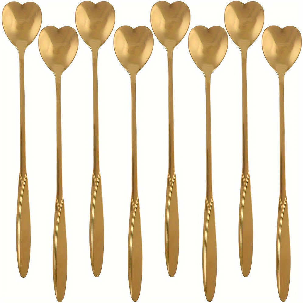 Set of 8 Heart-Shaped Stainless Steel Coffee Spoons with Mirror Finish for Tea and Cocktails