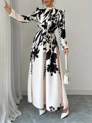 Women's Floral Print Long Sleeve A-Line Dress with Stand Collar and Lace-Up Detail