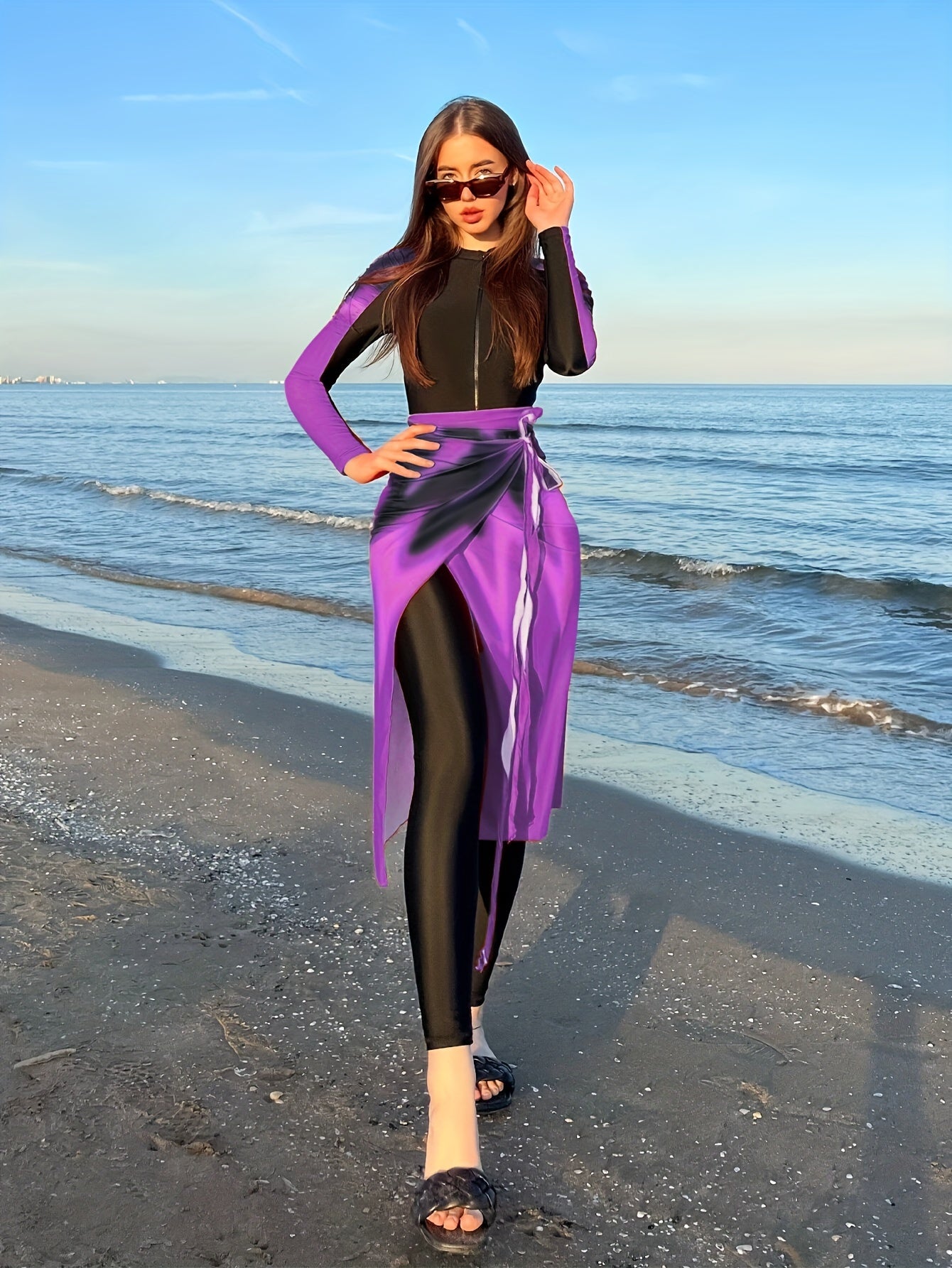 Girls Tie-Dye Print Swimsuit Set with Long-Sleeve Top and Skirt Cover-Up