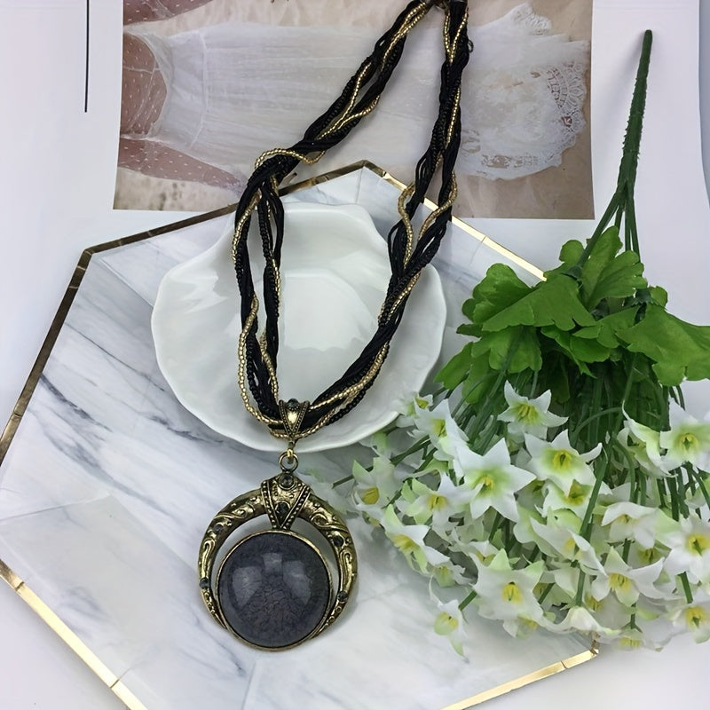 Tasodifiy Uniseks Bo'yin Aksessuari: Bohemiya Vintage Dumaloq Qimmatbaho Toshli Pendant Marjon Zanjiri Qo'l Bilan To'qilgan Guruch Beadlari Bilan