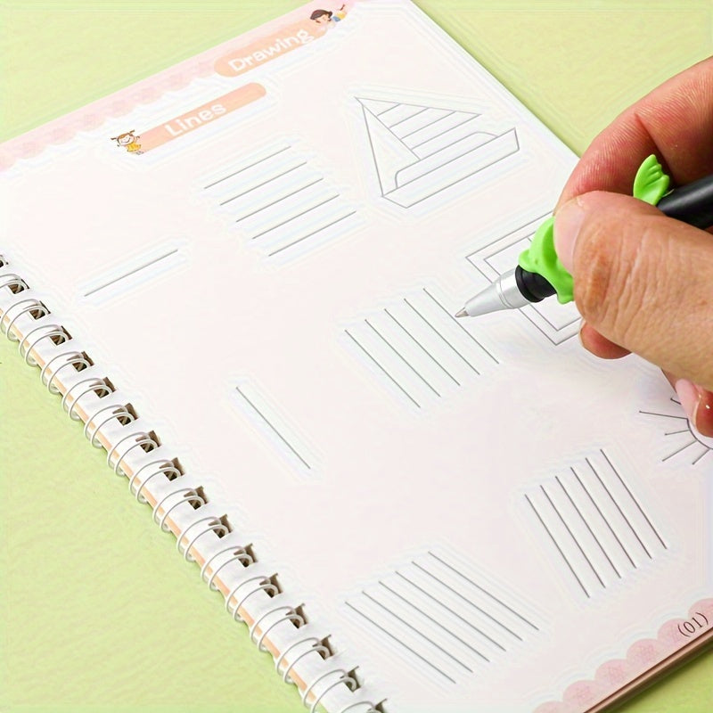 Conjunto de libros de práctica de caligrafía en inglés para niños de 3 años en adelante con pluma de acero, pluma dura y ranuras digitales