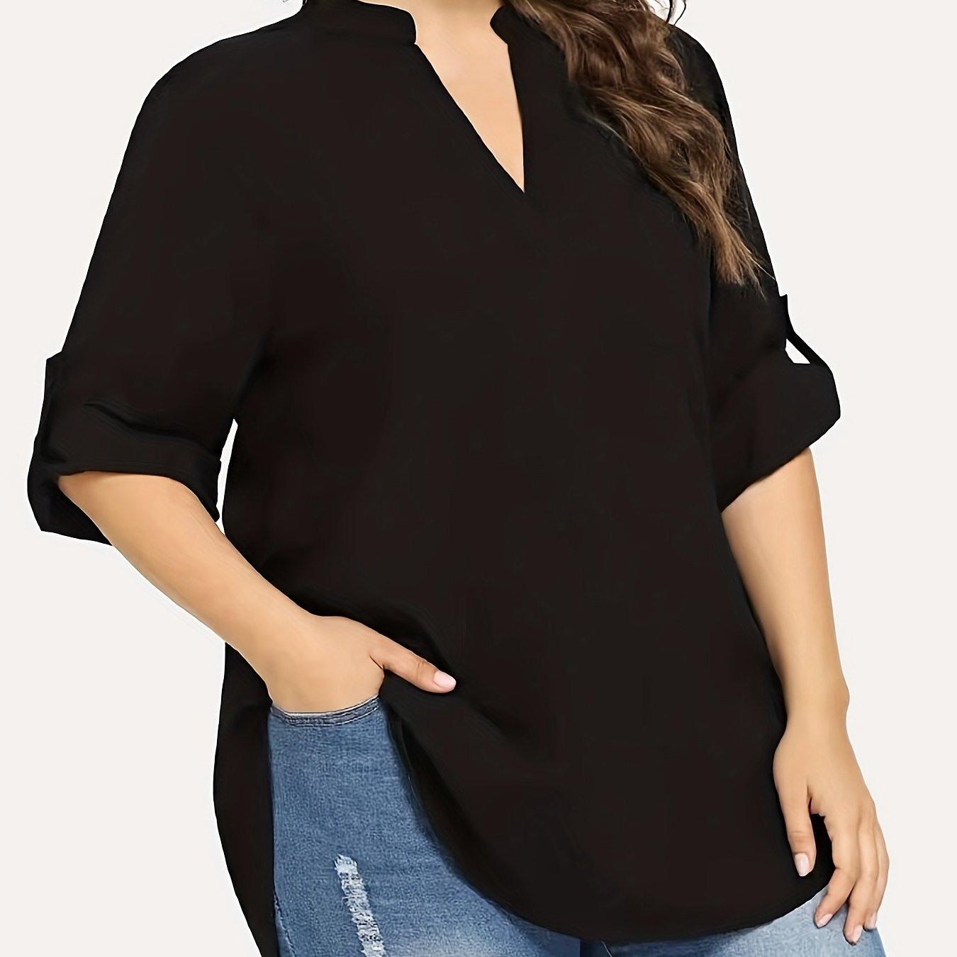 Plus Size V-Neck Long Sleeve Blouse for Spring and Fall Solid Polyester