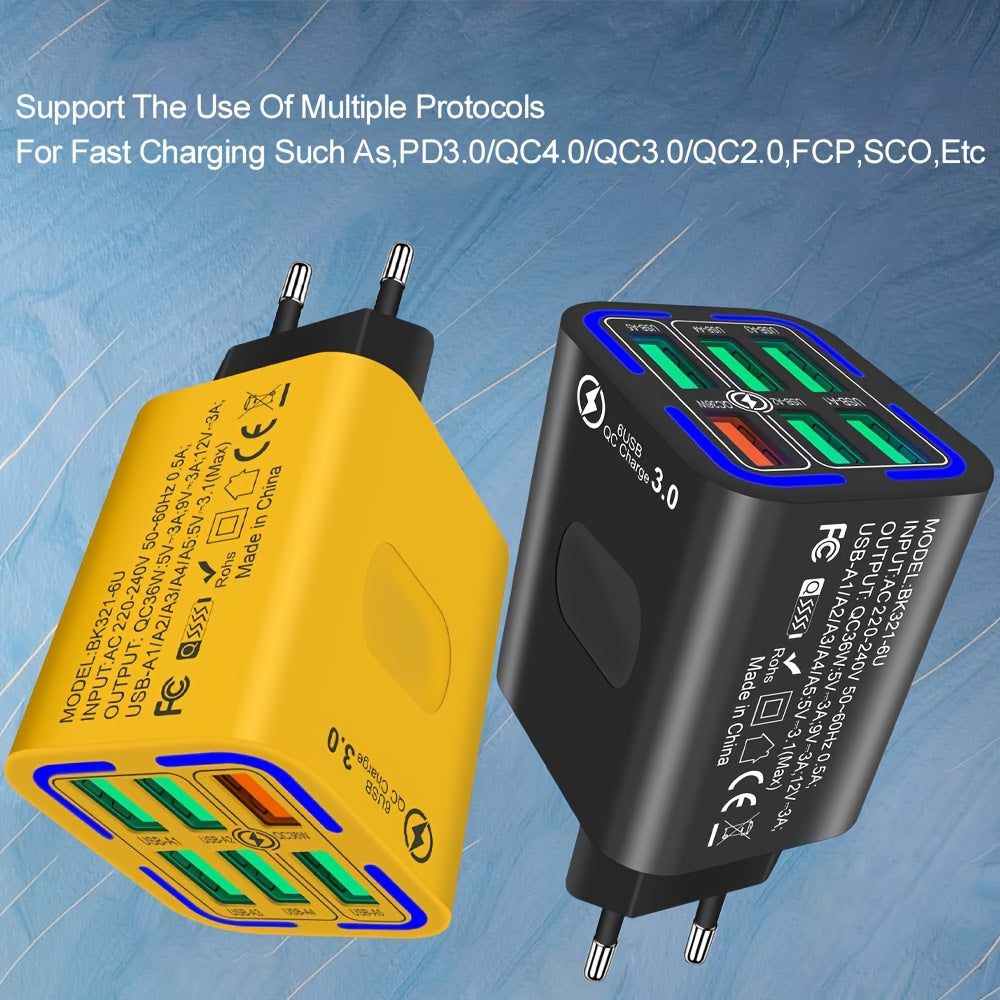 6-Port USB Wall Charger 36W QC3.0 Fast Charging European Plug for iPhone Samsung