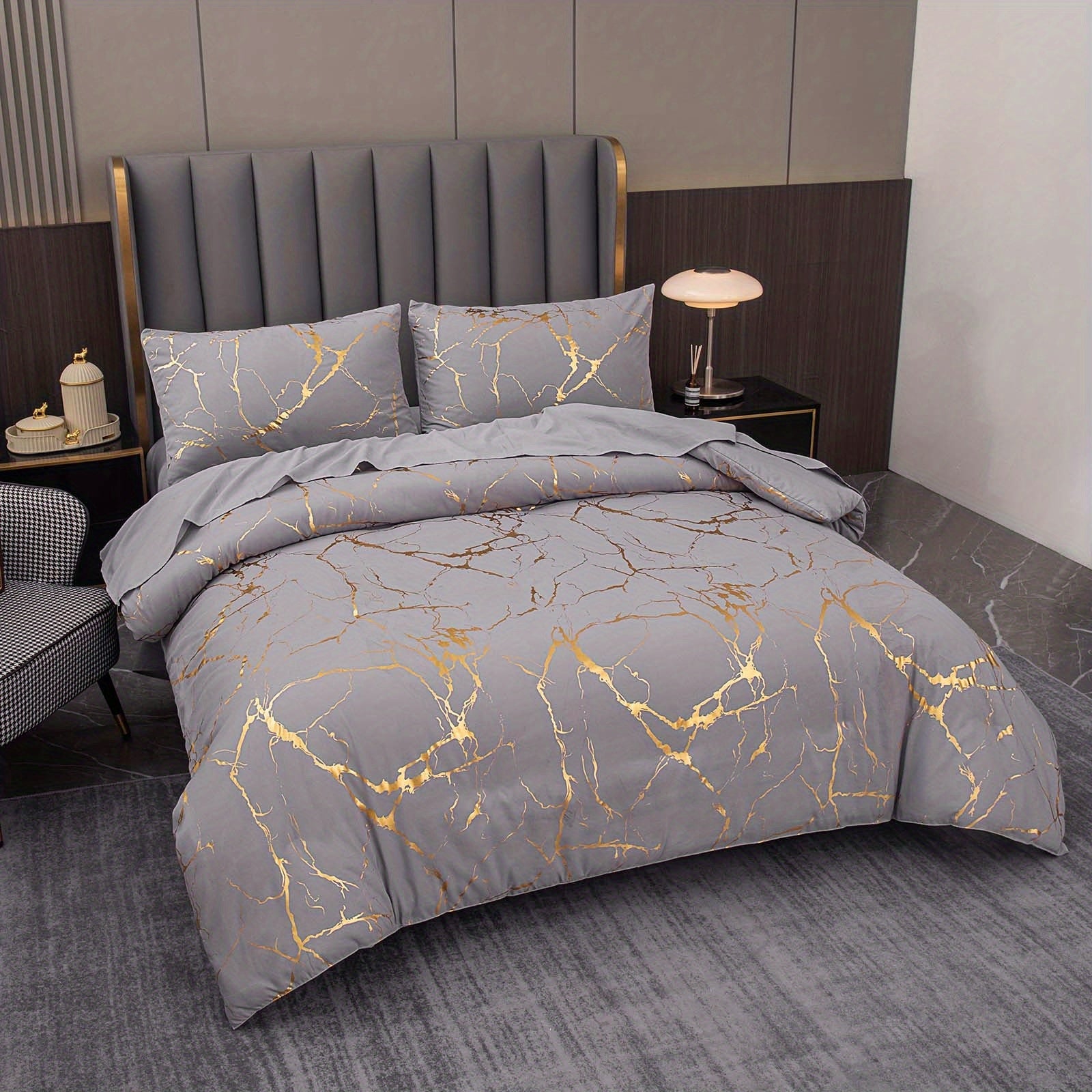 Elegant Marble Pattern Bedding Set in Pink Gray Green Blue Purple Washable Ultra-fine Fiber Duvet Cover 2-3 Piece