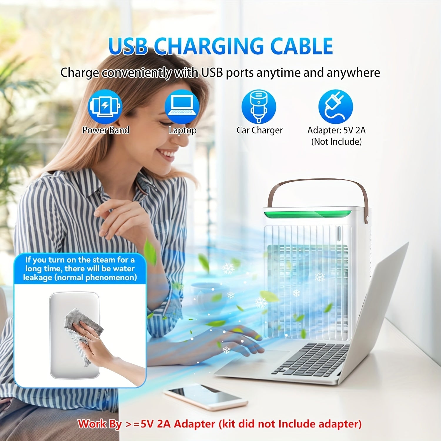 5 shamol tezligi sozlamalari, 680ml bug'lantiruvchi konditsioner, 7 LED chiroq, 2 bug'lantiruvchi ventilyator bilan portativ konditsioner. USB bilan quvvatlanadi, batareya talab qilinmaydi. Xona, yotoq xonasi, ofis uchun ideal.