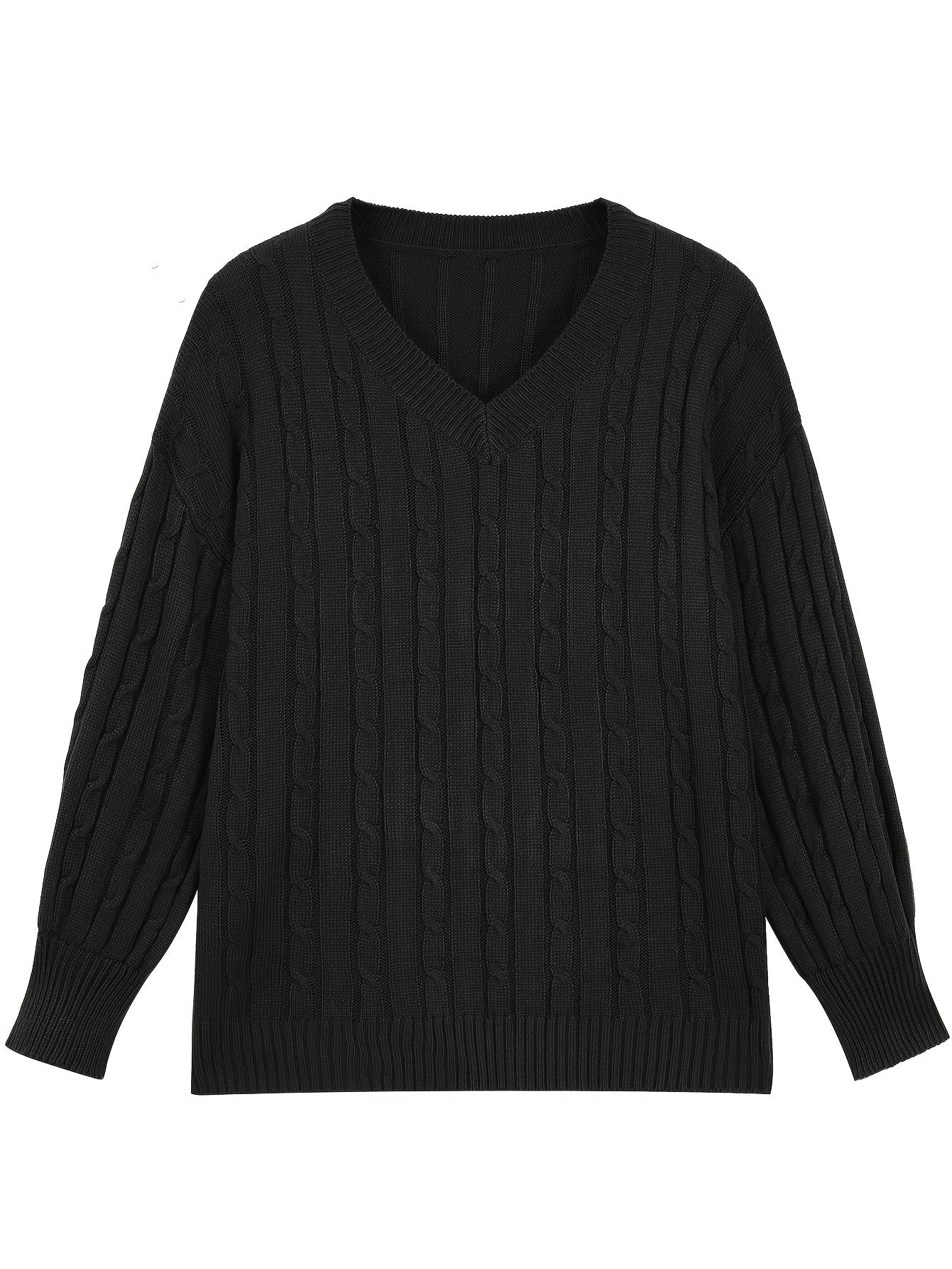 Plus Size Cable Knit Sweater V Neck Long Sleeve Fall Winter Women