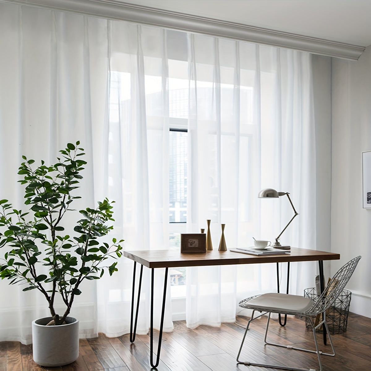 Set of 2 White Sheer Curtains with Cross Pattern for Living Room and Bedroom