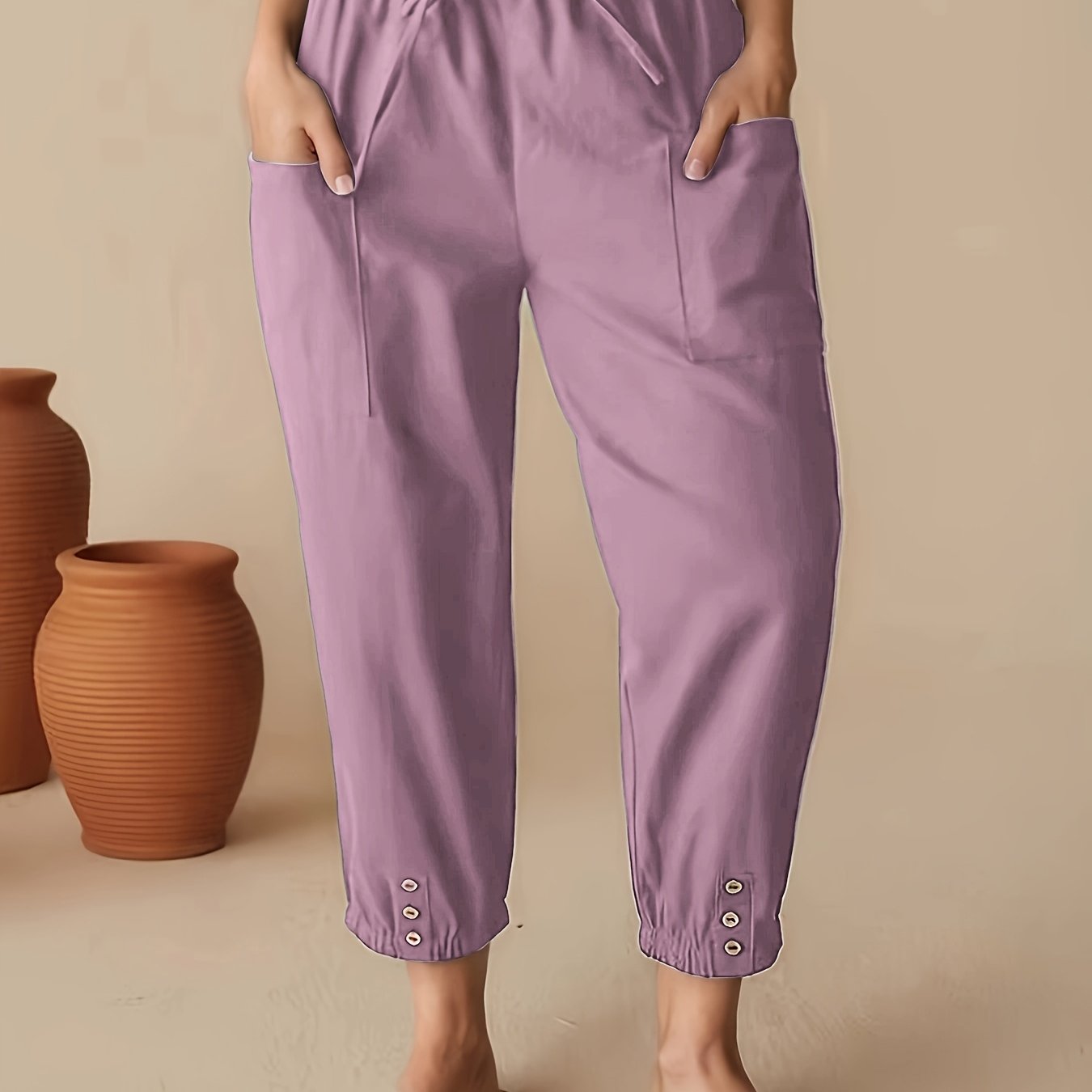 Pantalones casual de cintura alta y corte cropped para mujer con bolsillos azul marino