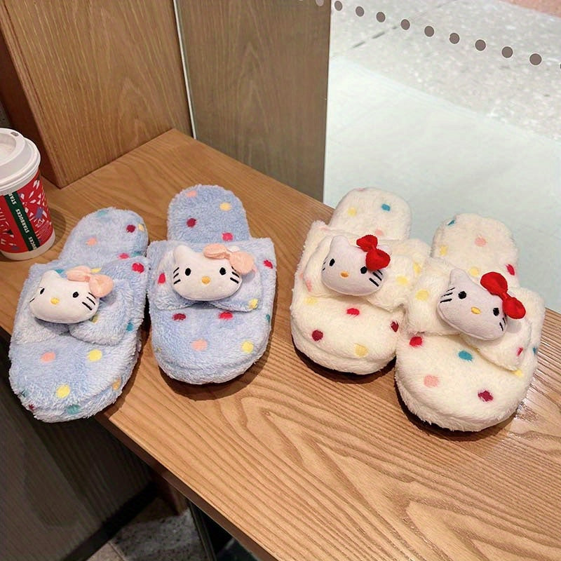 Women's Plush Polka Dot Slippers with Red Bows Fleece Lining Indoor House Shoes