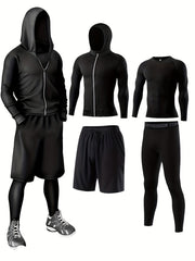 Men's Athletic Sportswear Set Crew Neck Hoodie Shorts Leggings Breathable Quick-Dry Polyester Elastane