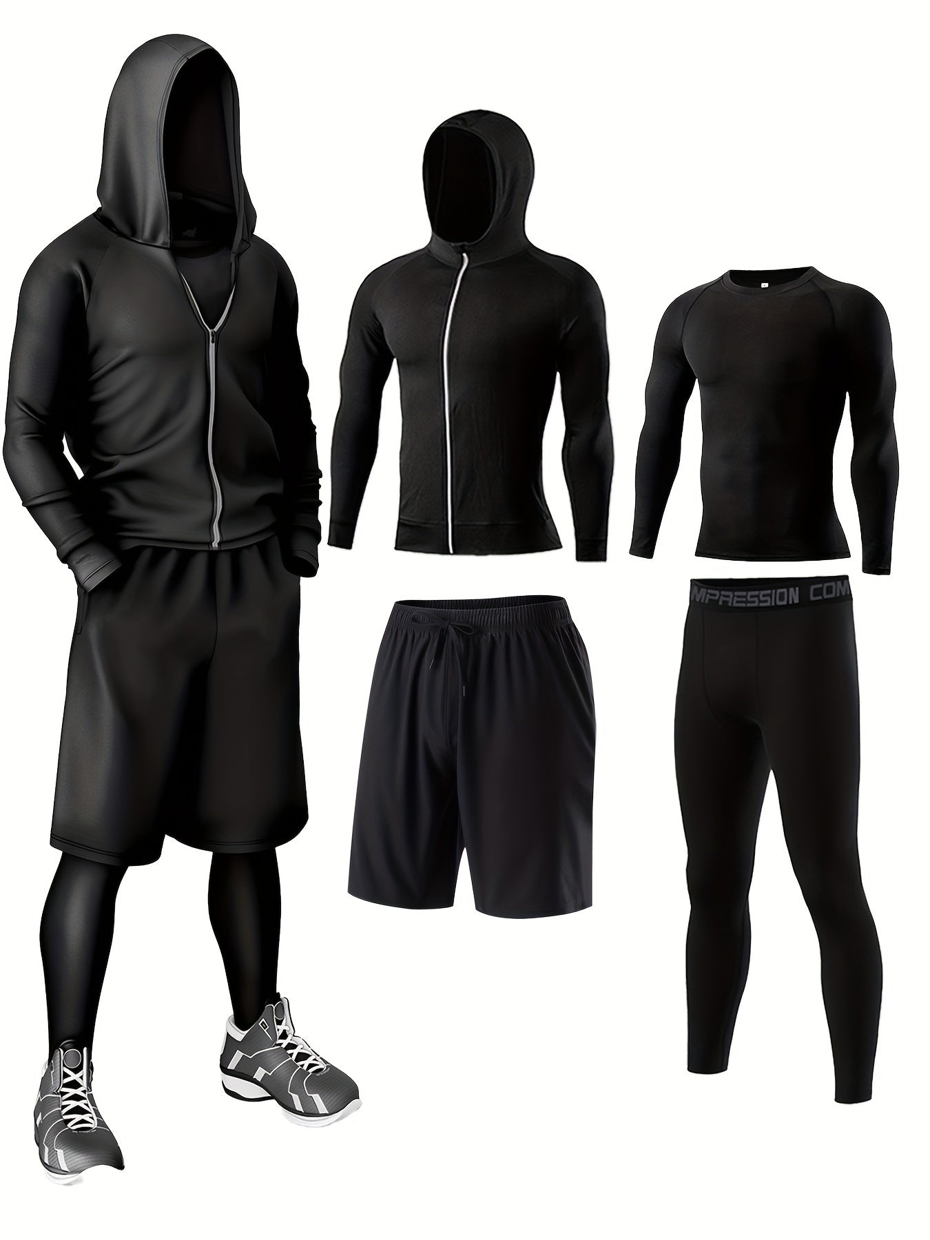 Men's Athletic Sportswear Set Crew Neck Hoodie Shorts Leggings Breathable Quick-Dry Polyester Elastane