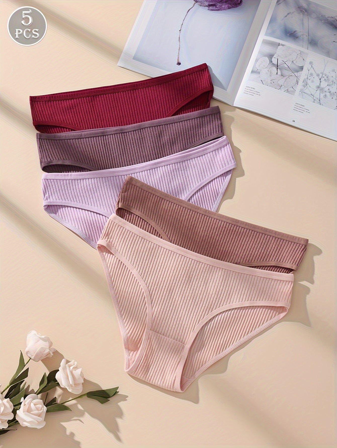 Women's Purple Ribbed Triangle Panties 5-Pack Cotton Comfortable Lingerie