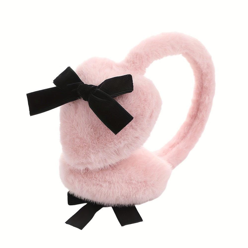 Women's Plush Heart-Shaped Earmuffs with Black Bow Warm Cozy Winter Accessory