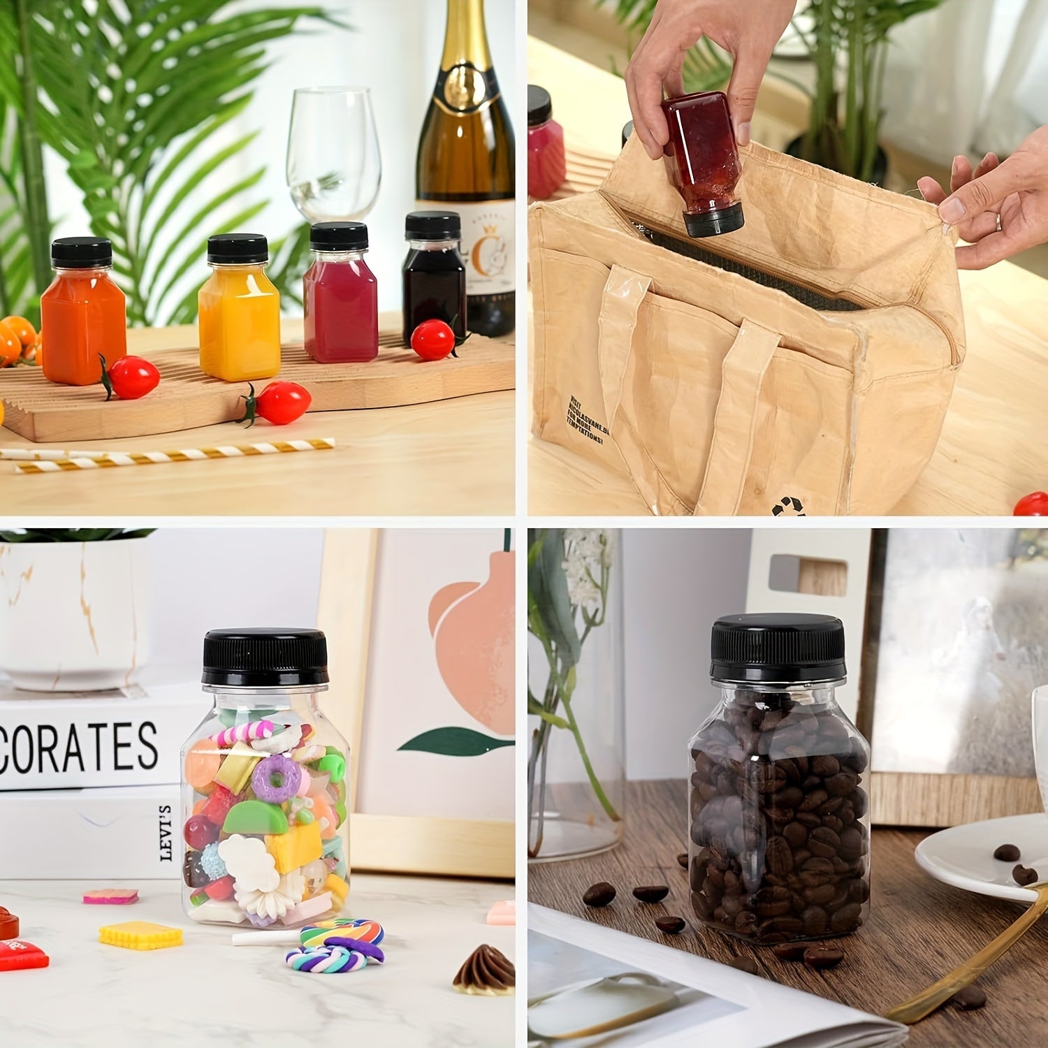 4oz shaffof plastmassa ichimlik shishalari, qopqog'lar bilan, 4, 6 yoki 8 ta, sharbat, sut, smuzi uchun