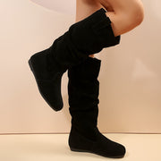 Women's Matte Pleated Flat Round Toe Warm Fashion Boots