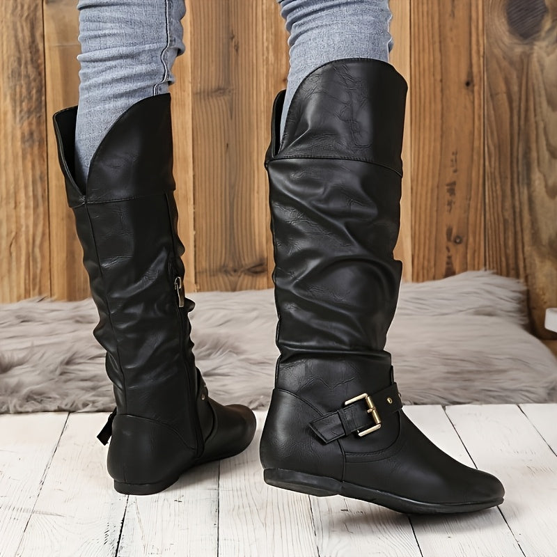 Women’s Knee-High Fashion Boots Leather Riding Flat Heel Solid Color