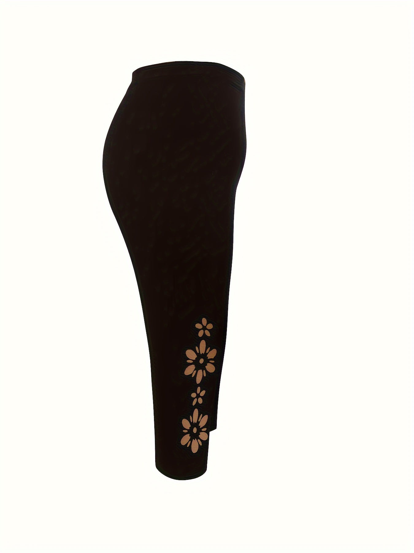 Plus Size Women's Black High-Waisted 7/8 Leggings with Floral Cut-Outs