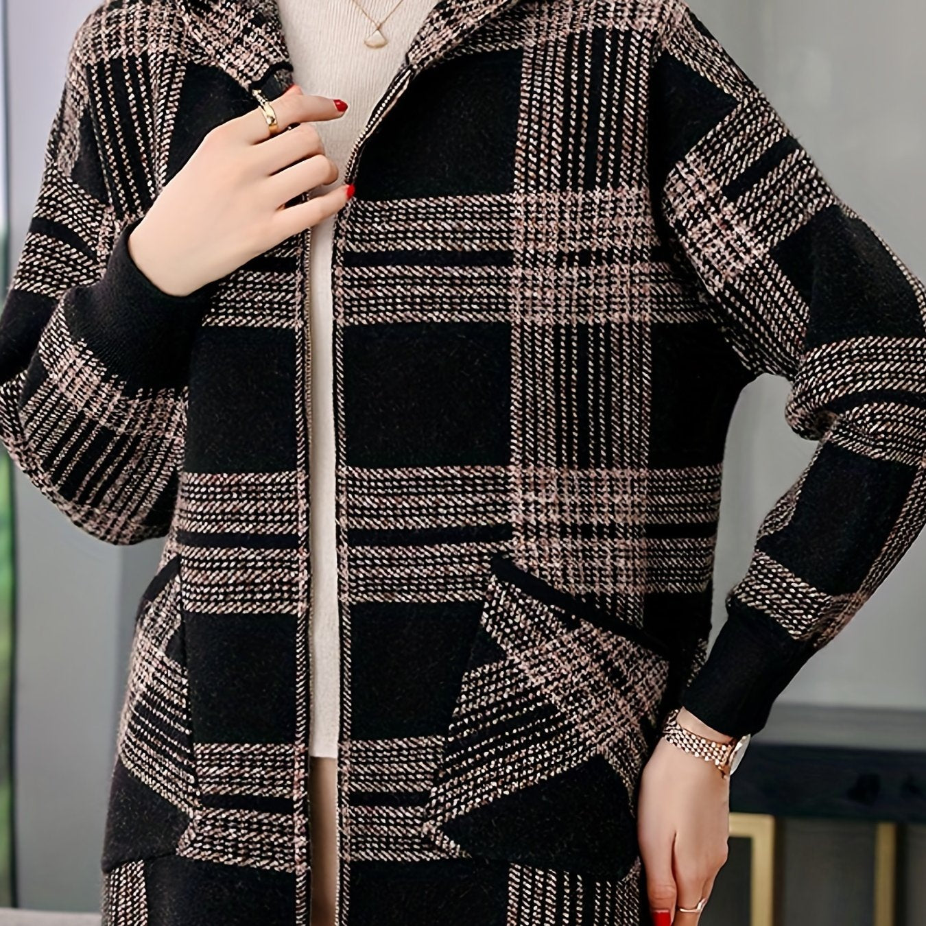 Women's Casual Plaid Hoodie Jacket Long Sleeve Spring Fall Black White Polyester Blend Loose Fit
