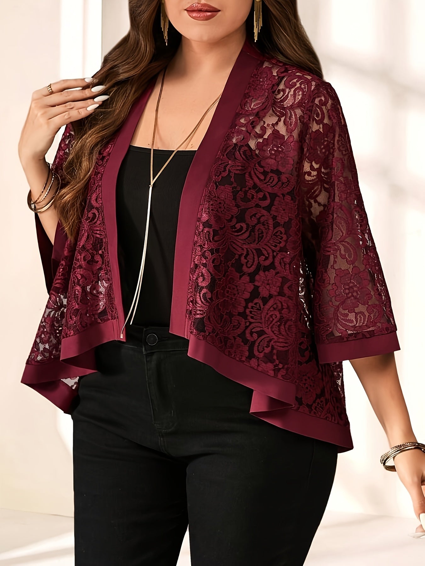 Plus Size Lace Cardigan Lightweight Semi-Transparent Black Purple Floral