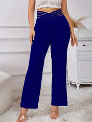 Women's Flared Cross-Waist Pants High-Rise Wide Leg Striped Royal Blue