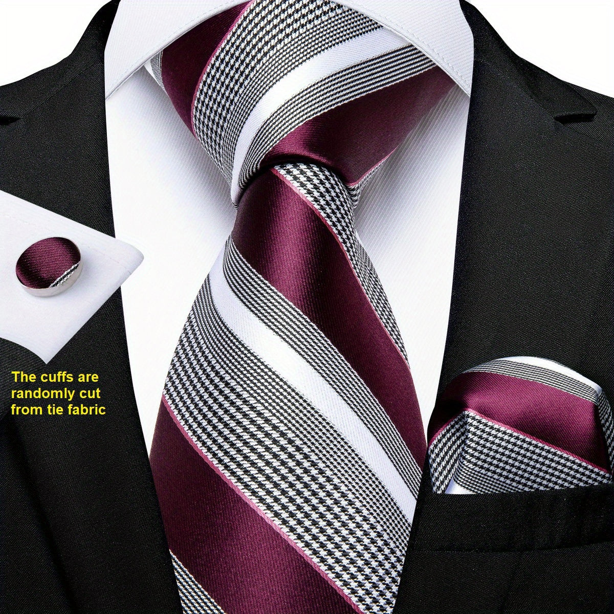 Men's Striped Necktie Set with Handkerchief and Cufflinks for Weddings and Business