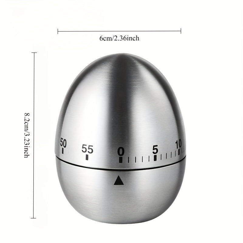 Stainless Steel Egg-Shaped Mechanical Timer: 60-Minutli, Batareyasiz, Pishirish va pishirish uchun ideal, Oson o'qiladigan displey