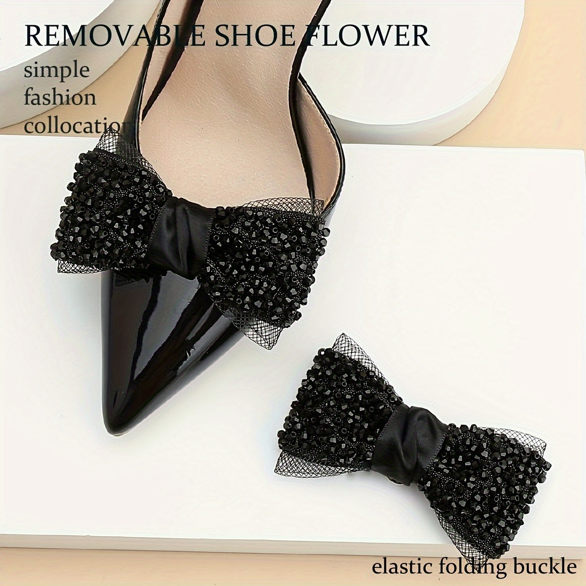 Black Bow Shoe Clips Pack Beaded Nylon Elastic Formal Accessories