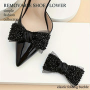 Black Bow Shoe Clips Pack Beaded Nylon Elastic Formal Accessories